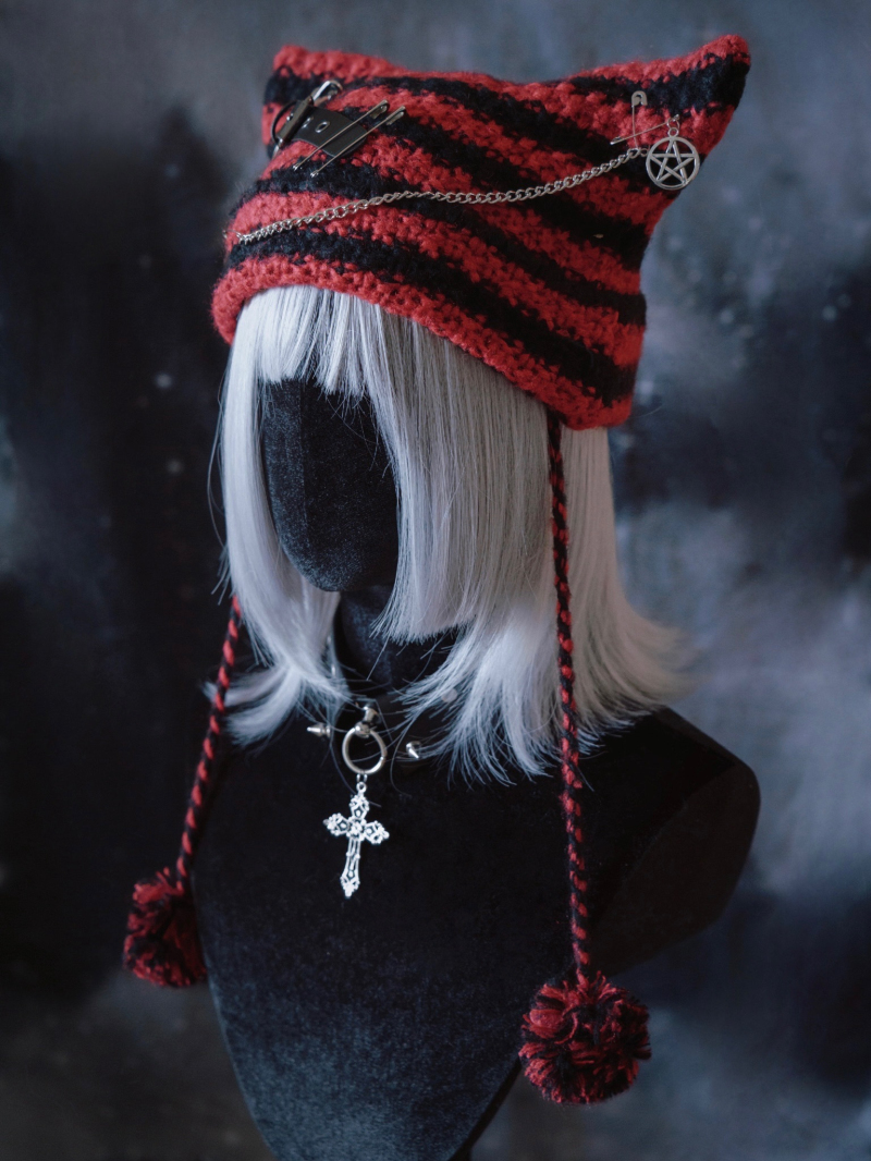 怪糖饰物集原创手工黑红条纹针织猫耳套头帽暗黑系亚文化黑红色 - 图0