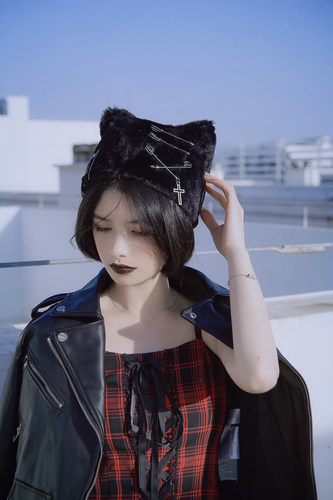 怪糖饰物集原创手工毛绒猫耳毛绒帽仿皮草冬十字朋克暗黑XYZ - 图0