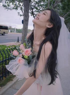 网红求婚领证登记发光头纱超仙拍照短款新娘结婚蝴蝶结头饰蓬蓬纱