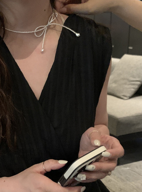 韩国进口东大门新款象牙白色串珠项链蝴蝶结颈链饰品女