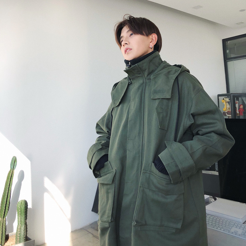连帽帆布外套男 自制韩版军绿色工装中长款风衣男 BANGBOY oversize 连帽帆布外套男 自制韩版军绿色工装中长款风衣男 BANGBOY oversize