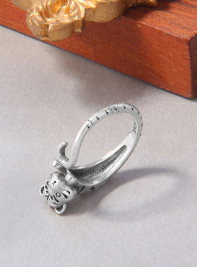 云尚服饰s925纯银本命年小老虎钩针带线戒指女生肖虎开口指环