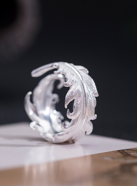 云尚服饰925银原创设计ins风时尚饰品羽毛钩针带线戒指女开口指环