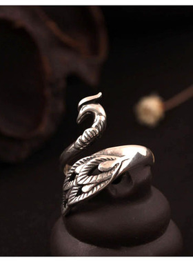 云尚服饰s925银孔雀钩针带线戒指复古凤凰羽毛开口可调指环