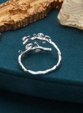 云尚服饰925纯银树枝山茶花缠绕戒指女ins时尚开口可调节指环女