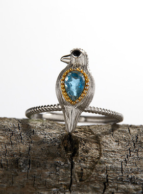 云尚服饰肌理立体感小鸟设计S925纯银镶天然彩宝托帕石戒指女潮款