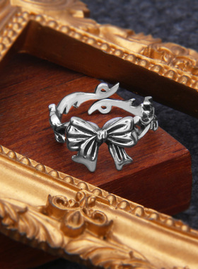 云尚服饰s925纯银复古做旧花藤蝴蝶结戒指女ins小众设开口指环