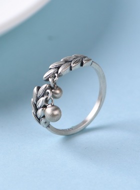云尚服饰S925银复古麦穗戒指 文艺简单银珠流苏可调节女款指环