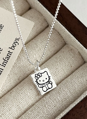 云尚服饰925纯银方牌猫咪项链女亮银色简约可爱甜美卡通童趣锁骨