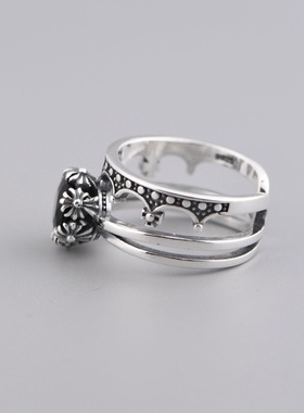 云尚服饰S925银仿古泰银女款时尚皇冠十字花纹锆石戒指