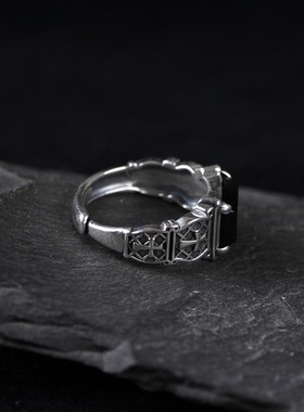 云尚服饰S925银戒指复古十字玛瑙可调节指环男款手饰方形指环男