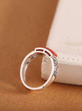 云尚服饰泰银复古手饰s925银饰品南红戒指 开口指环马鞍戒