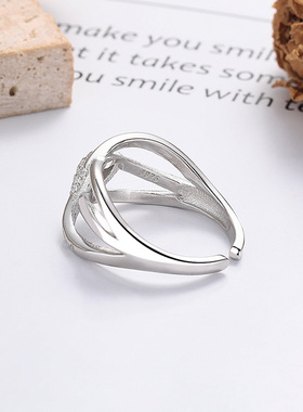 云尚服饰S925银欧美跨境几何形排钻镶嵌钩针带线指环时尚开口戒