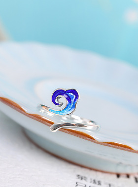 云尚服饰s925银烧蓝 祥云钩针带线开口戒指 时尚简约开口戒指