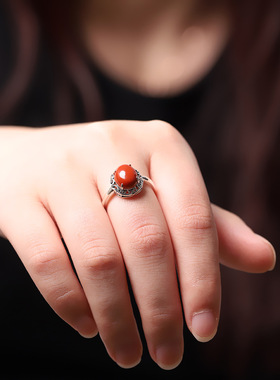 云尚服饰泰银复古手饰s925银镶南红玛瑙戒指开口女士指环四爪指环