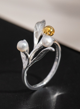 云尚服饰s925银原创设计冬珊瑚钩针带线戒指新中式珍珠指环活口