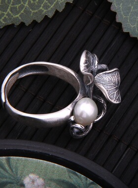 云尚服饰s990足银纯银枝繁叶茂叶子珍珠钩针带线戒指