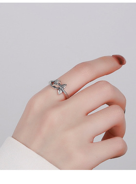 云尚服饰s925纯银立体玫瑰花钩针带线开口戒指女