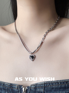 甜酷黑色锆石爱心双层项链