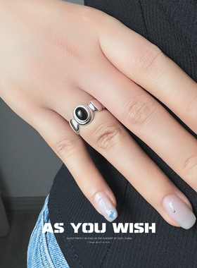 几何椭圆黑色锆石开口戒指