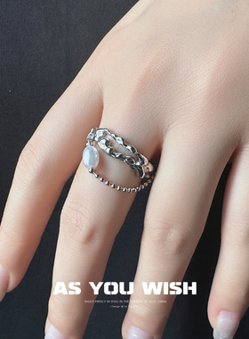 不规则链条珍珠吊坠戒指