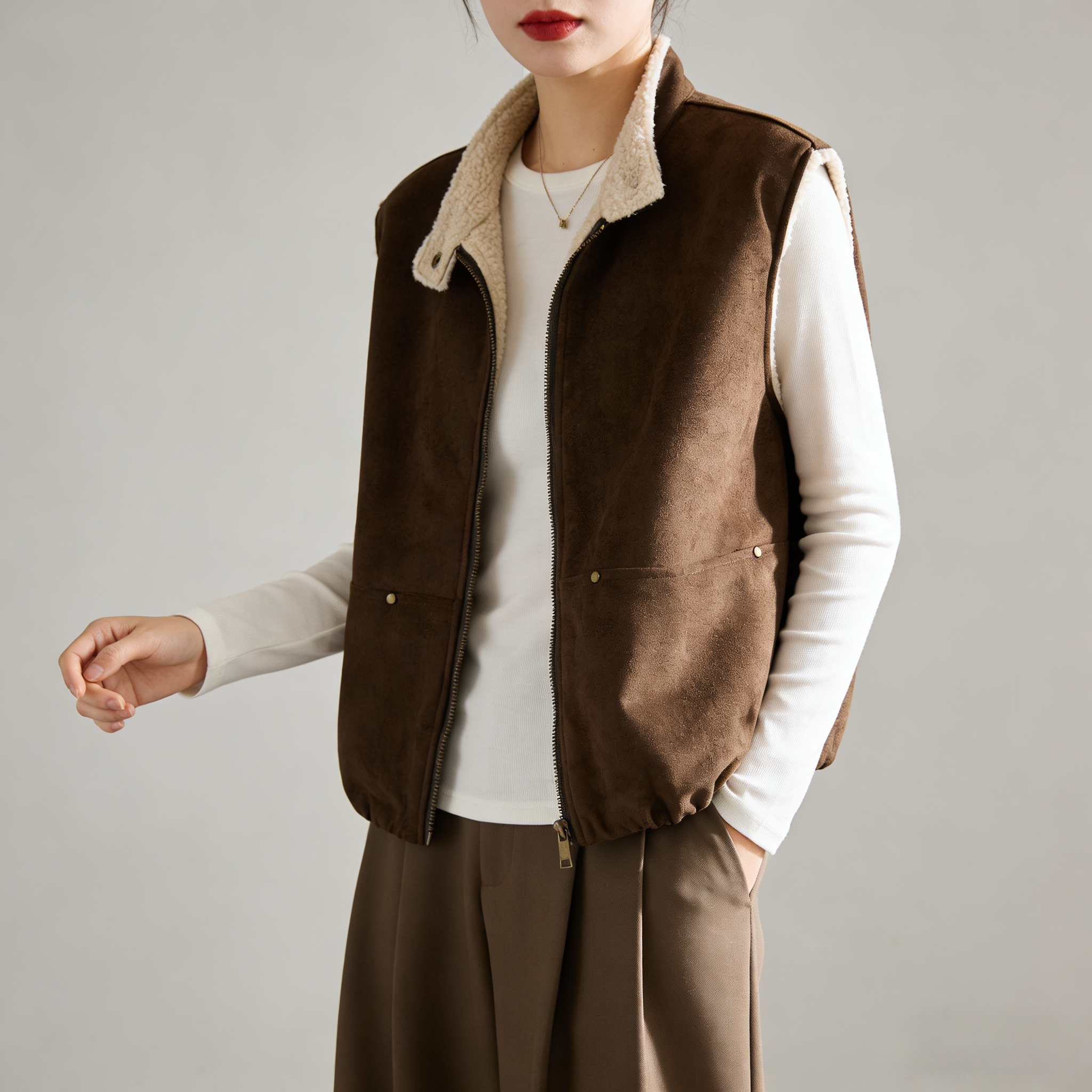 美拉德风羊羔毛保暖马甲女2026春季半高领麂皮绒马夹背心宽松上衣,淘宝优惠券,粉丝福利购,淘宝优惠卷