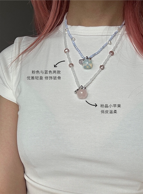 MARSEVEN 闪光派对系列粉白串珠小苹果项链S925银原创精致锁骨链