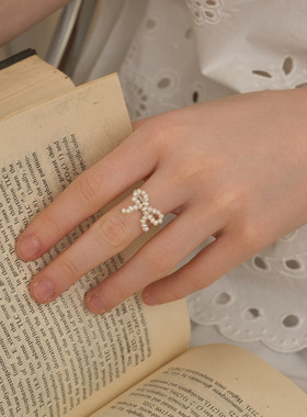 MARSEVEN 闪光派对系列珍珠蝴蝶结戒指S925银小众百搭开口戒指环