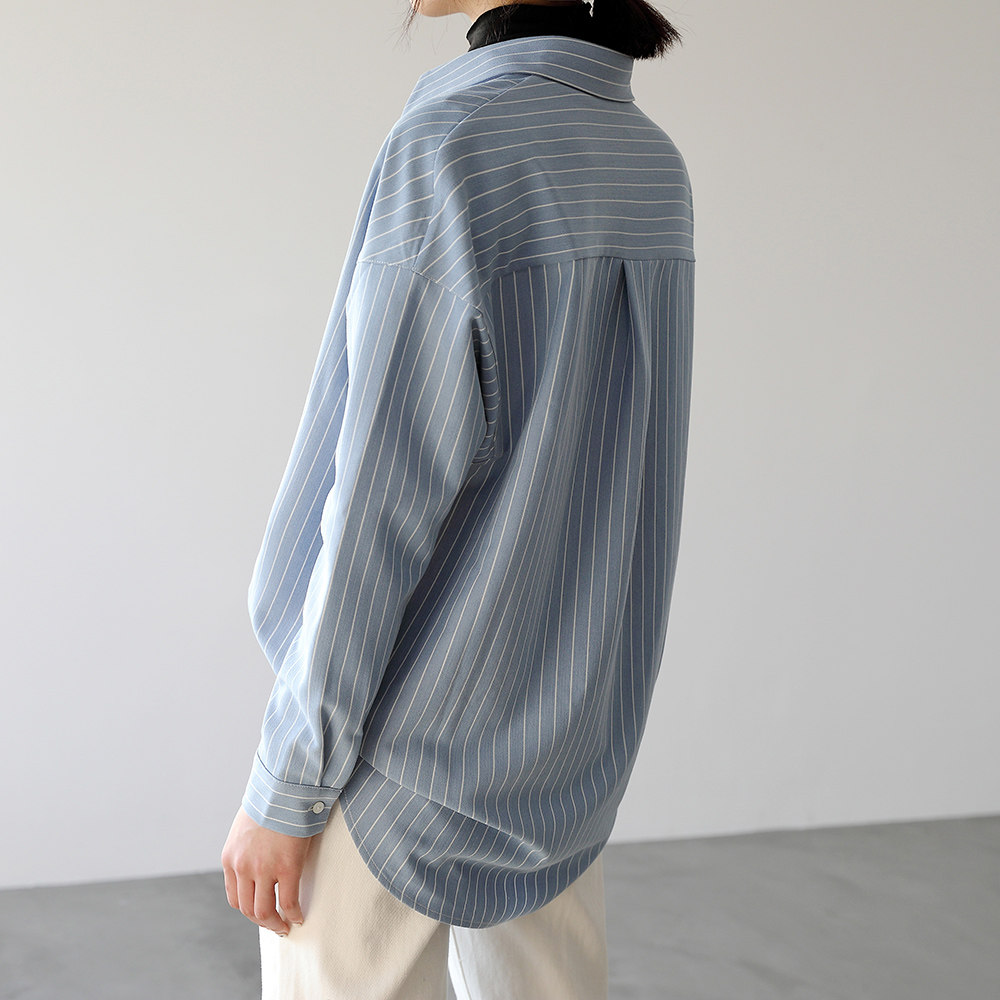 新款秋装蓝色条纹女设计感小众衬衫 嘉茱莉衬衫