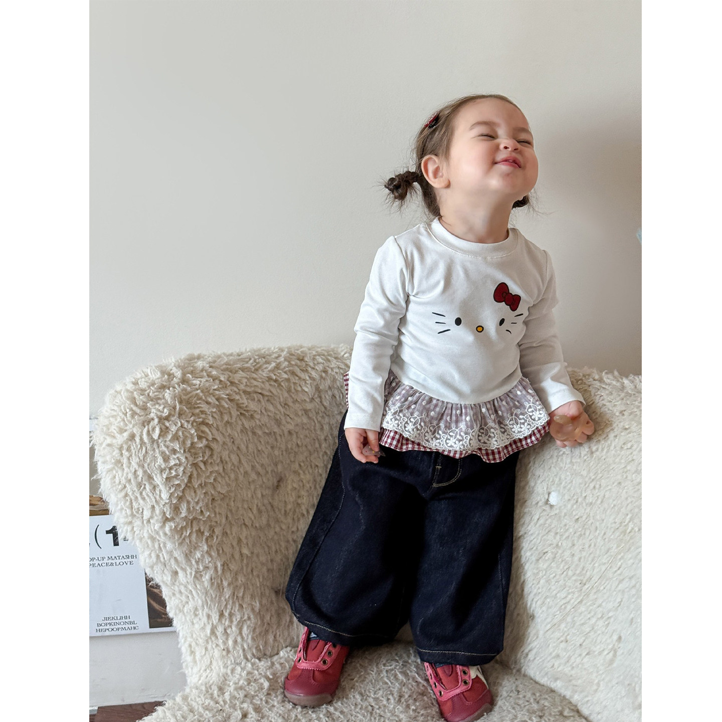 婴儿秋季新款上衣女宝宝韩版甜美蕾丝花边KT猫打底衫可爱长袖T恤,淘宝优惠券,粉丝福利购,淘宝优惠卷