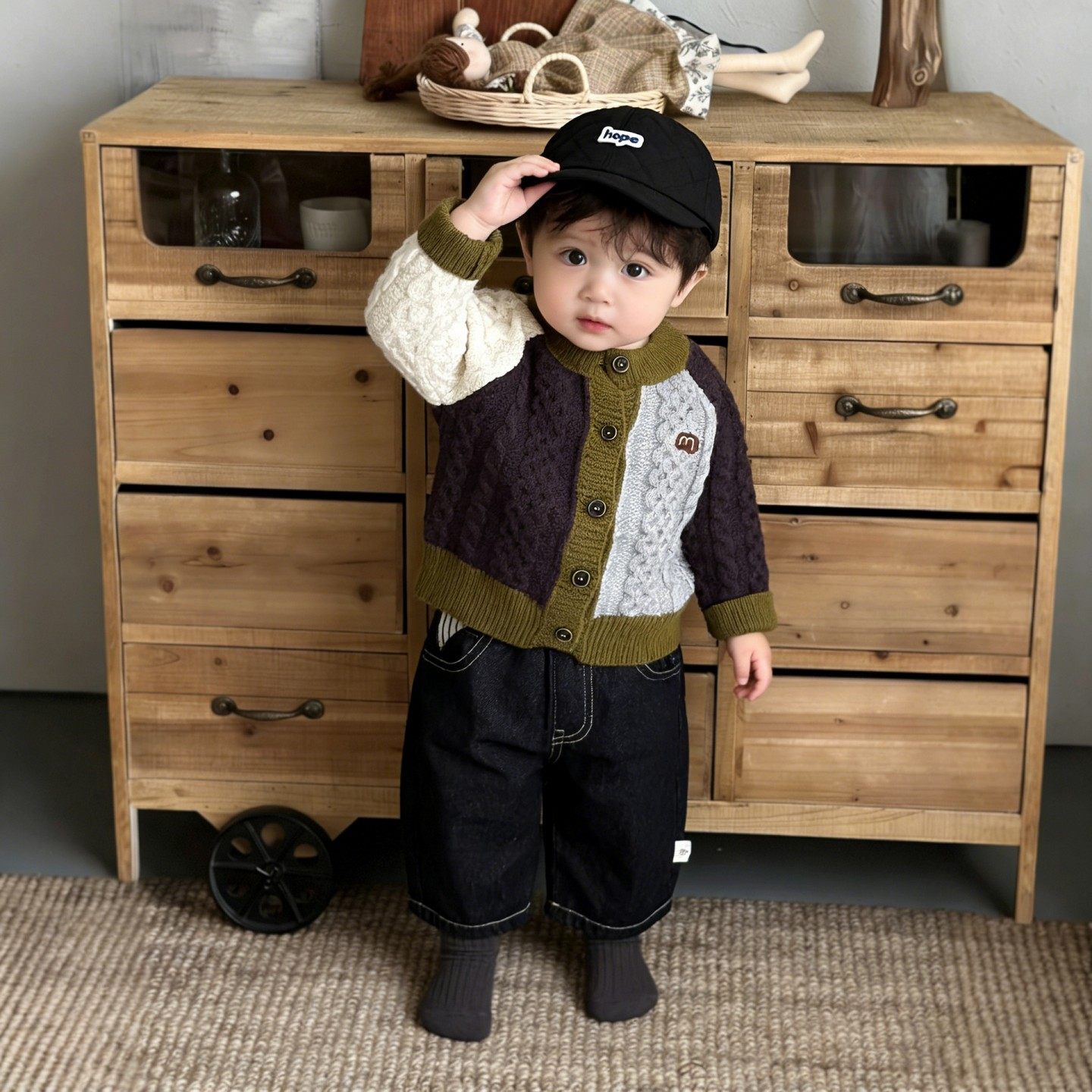 男宝宝春季新款毛衣儿童韩版复古针织开衫宽松牛仔裤两件套针织衫,淘宝优惠券,粉丝福利购,淘宝优惠卷