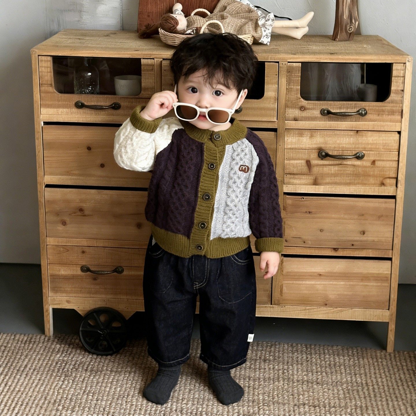 男宝宝春季新款毛衣儿童韩版复古针织开衫宽松牛仔裤两件套针织衫,淘宝优惠券,粉丝福利购,淘宝优惠卷