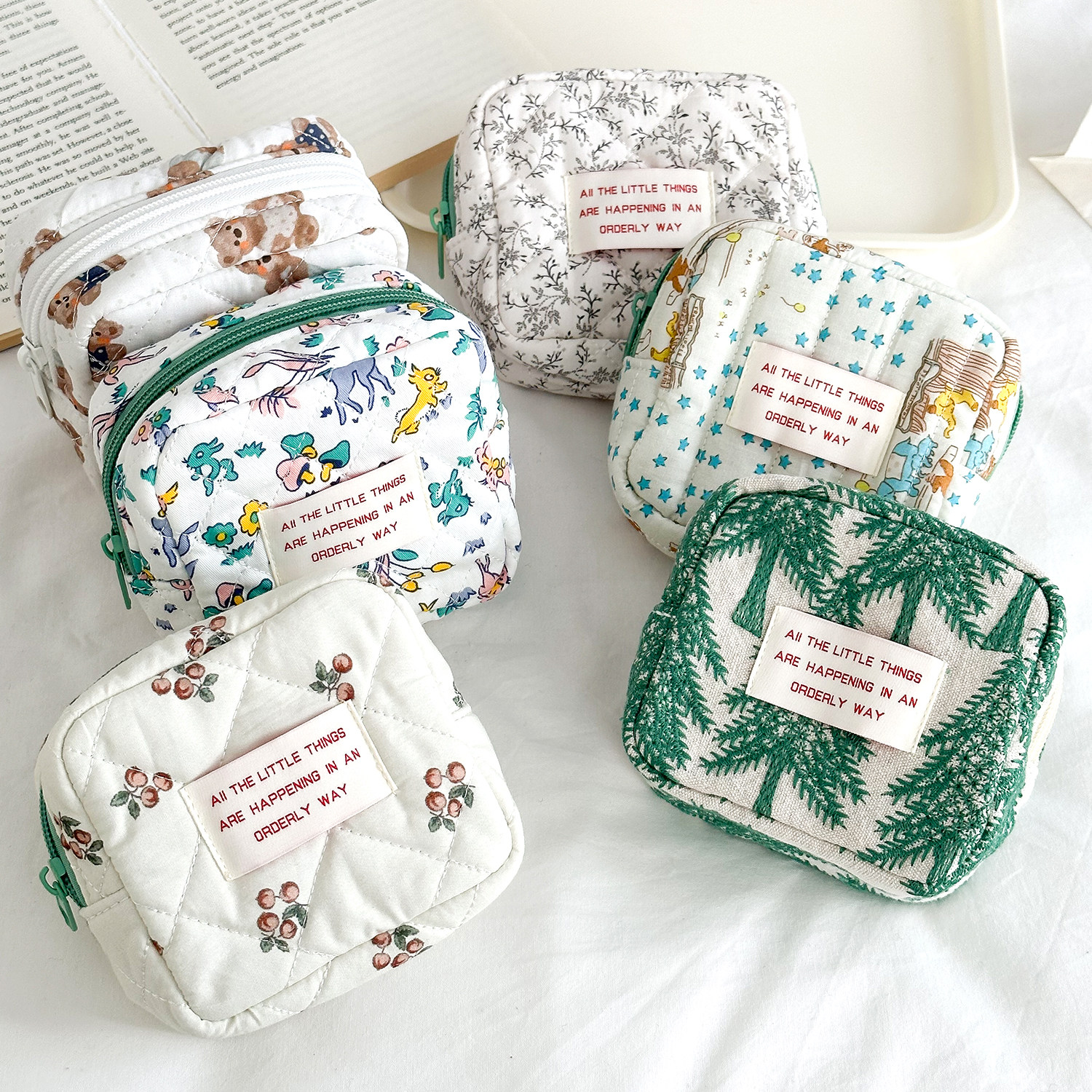 森绿系 棉布方形零钱包女耳机包口红包卫生巾包学生拉链收纳包,淘宝优惠券,粉丝福利购,淘宝优惠卷