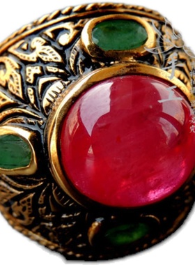 现货鎏金珐琅红宝石戒指复古情侣