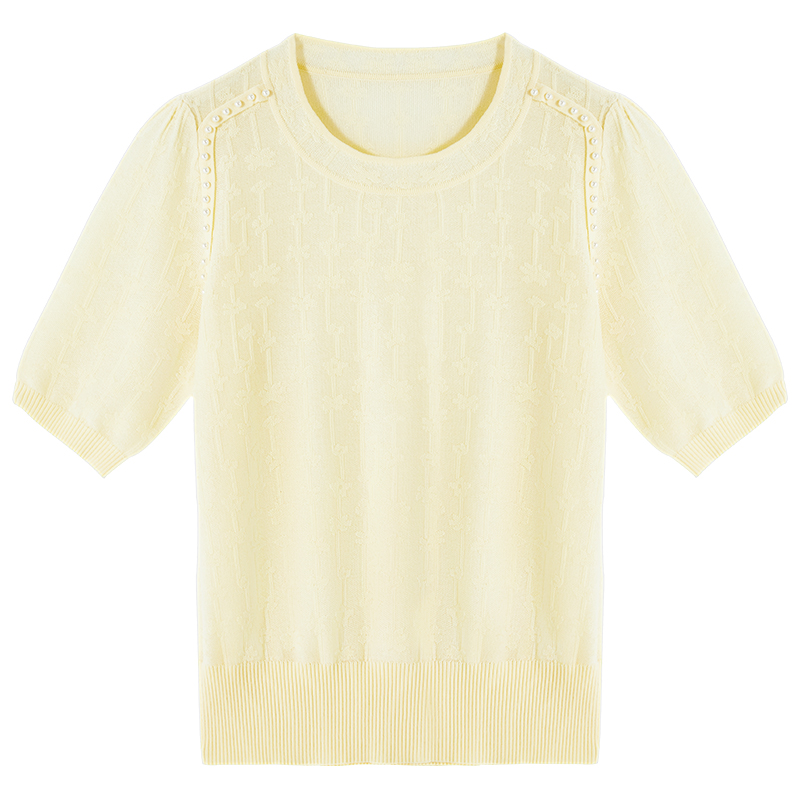 香影薄款鹅黄色针织衫女短袖2024年夏季新款提花法式套头正肩上衣