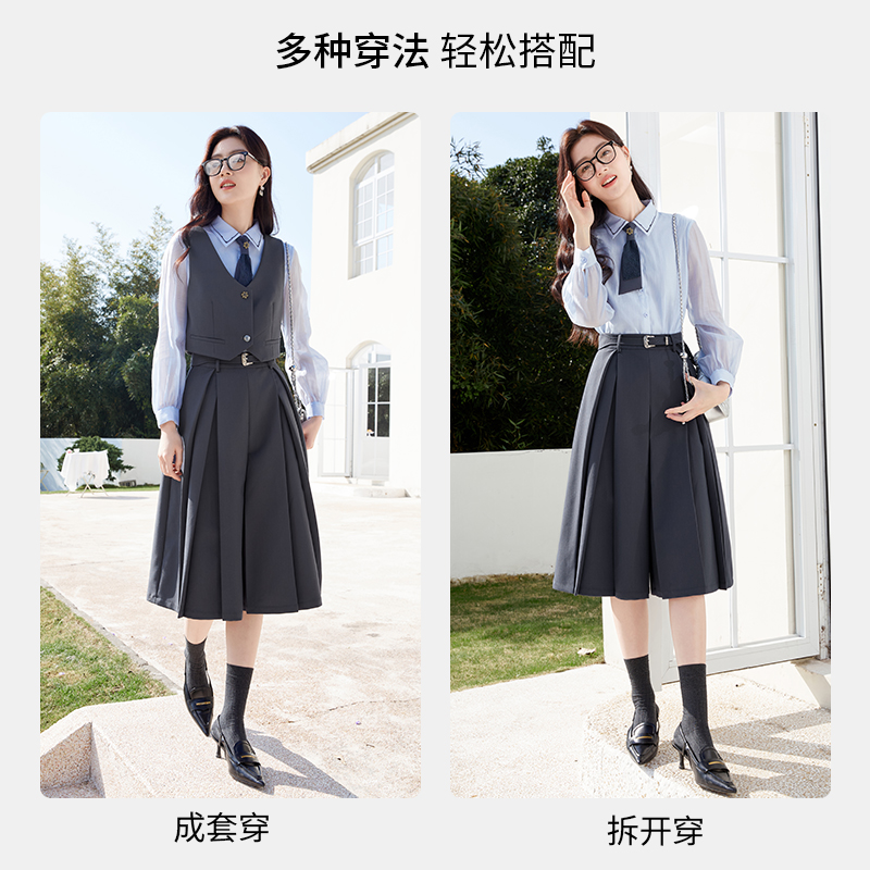 香影灰色学院风三件套女2024春装新款整套穿搭小马甲衬衫裤裙套装-图2