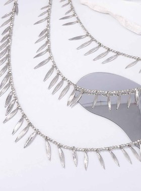 ZA跨境气质风串珠纹理拼接项链合金羽毛叶子吊坠项饰