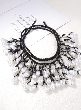 跨境ZA巴洛克手工编织绳结式项链不规则仿珍珠吊坠锁骨链