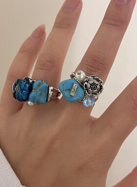 欧美ins绿松石琉璃花朵手工串珠戒指 小香风高级感蝴蝶开口指环圈