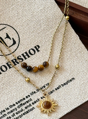 复古金色太阳花虎眼石项链女小众设计感叠戴毛衣链秋冬锁骨链配饰