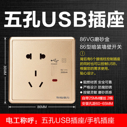 泰力86型墙壁开关插座面板 大板磨砂金一开五孔墙壁暗装家用带usb