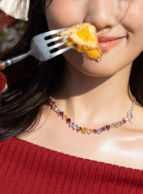 PP饰品《邂逅》彩色锆石蝴蝶结项链女轻奢小众高级感锁骨链choker