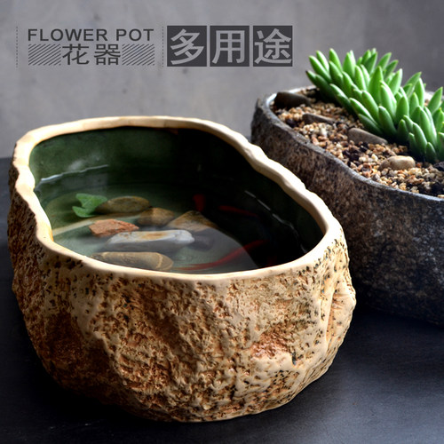 水仙花盆多肉花盆陶瓷无孔铜钱草养鱼缸仿石头大号绿萝水培植物盆 - 图0
