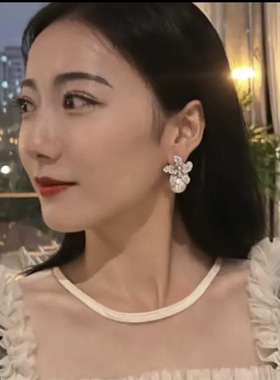 超大版耳环！轻奢气质满镶花朵大珍珠耳环耳夹无耳洞女耳钉高级感
