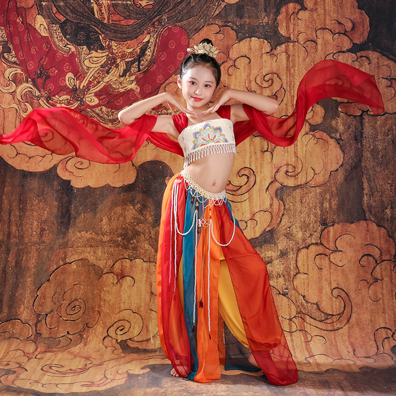 敦煌飞天舞蹈演出服女童古典儿童汉服古韵反弹琵琶异域风情表演服