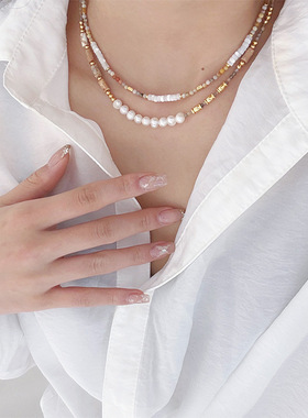 复古简约贝母算盘珠淡水珍珠项链轻奢小众高级感百搭串珠锁骨链女