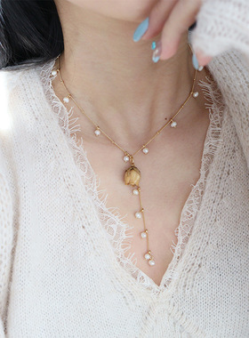 韩系甜美清新时尚精致干花淡水珍珠项链轻奢小众设计感流苏锁骨链