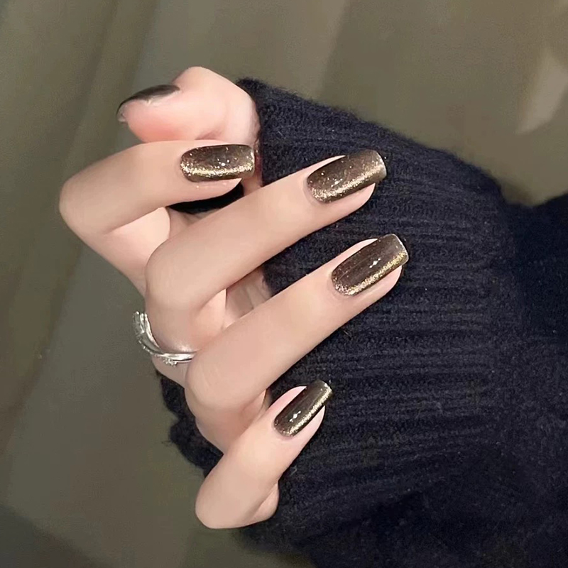 Lilynail秋冬美拉德琥珀棕猫眼手工穿戴甲高级感美甲贴短款指甲贴 - 图1