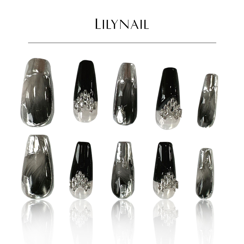 Lilynail水墨晕染金属涂鸦锆石心手工穿戴甲复古轻奢甜酷美甲贴片-图3