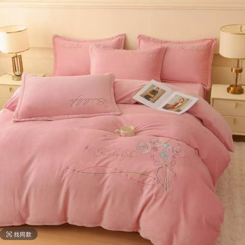 新款高克重全消光牛奶绒绣花四件套牛奶绒刺绣四件套